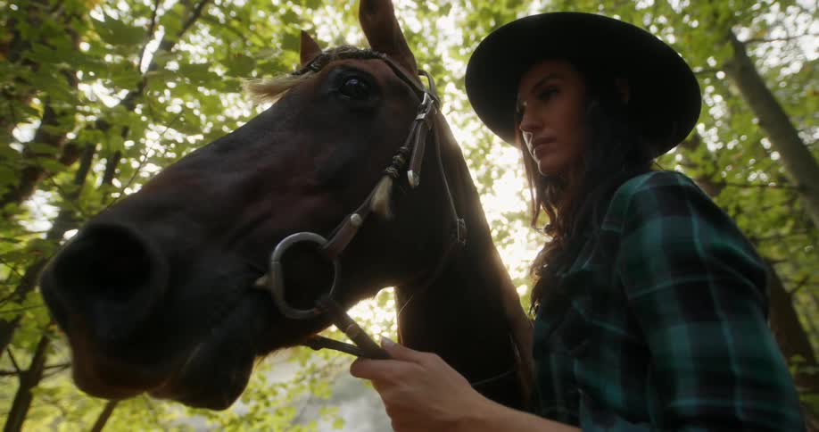A woman with a horse in the middle of the forest