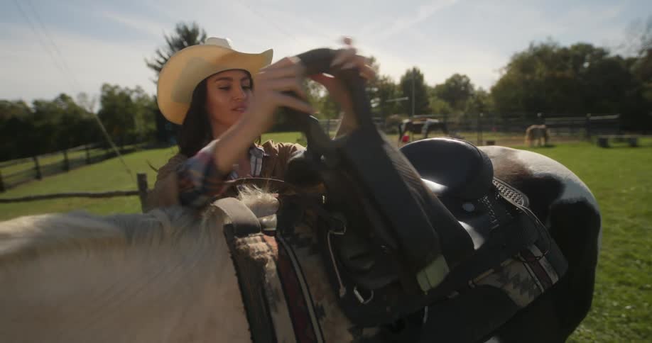 A lady dressing her horse seat