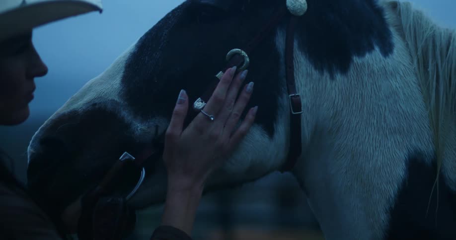 A woman and a horse outdoors while it rains