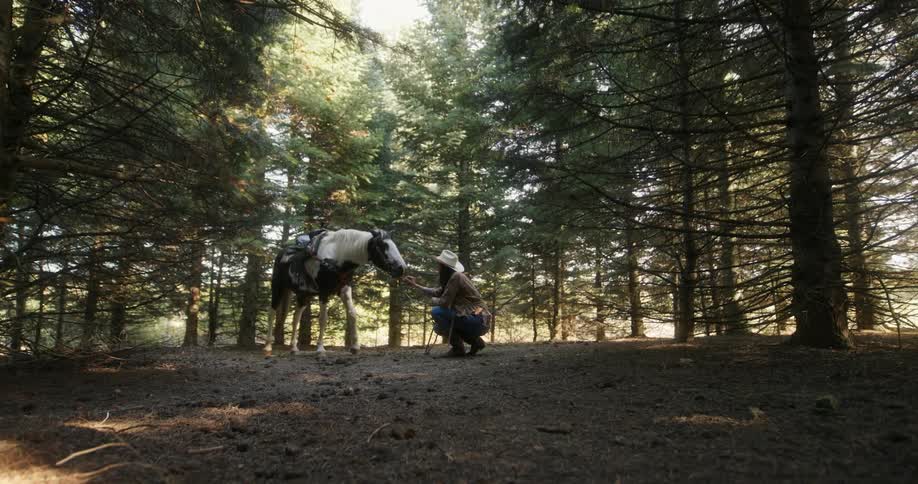 A woman crouched in front of her horse in a wooded area gently stroking its face
