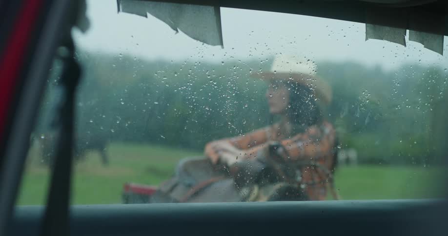 Outside the car window a woman is leaning on a saddle