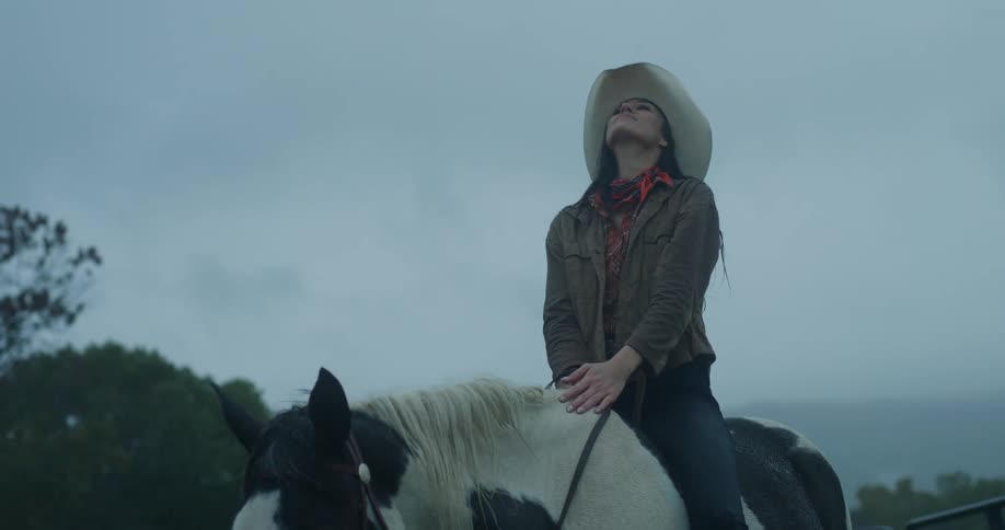 A woman riding a horse pets its neck then looks up to the sky