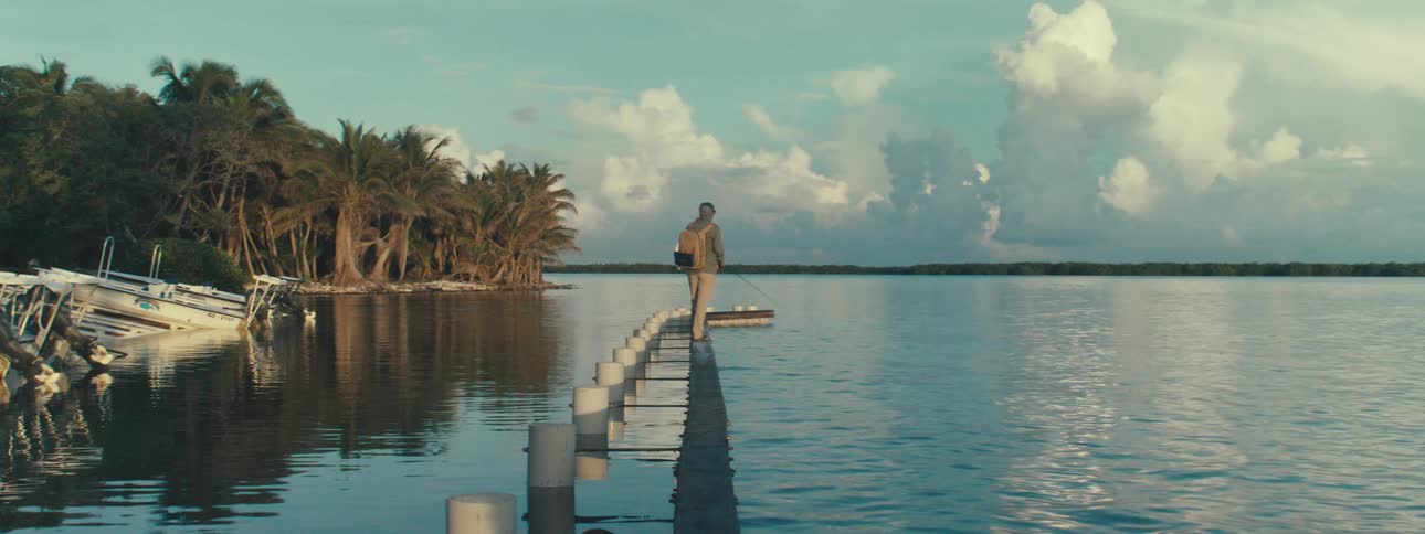 A person walking on a wooden bridge close to shore
