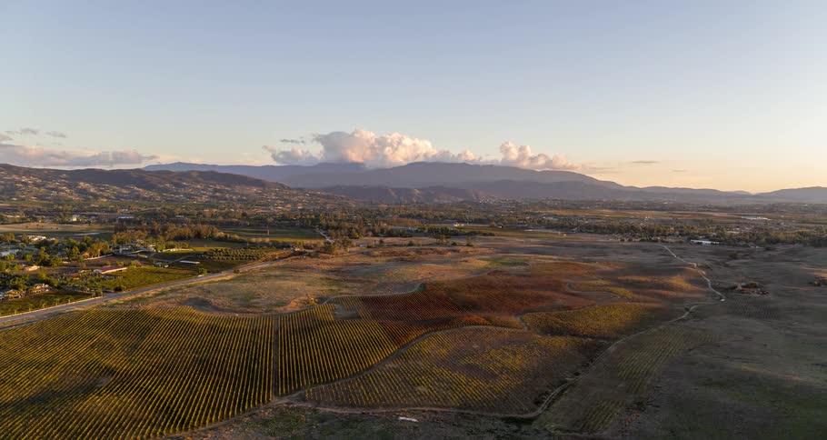 Aerial panorama of farmland under a morning sky