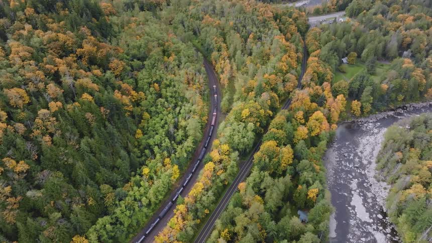 Aerial of the train on the tracks in the middle of the forest