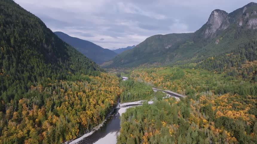 Aerial panorama of a central river surrounded by forests and a chain of mountains