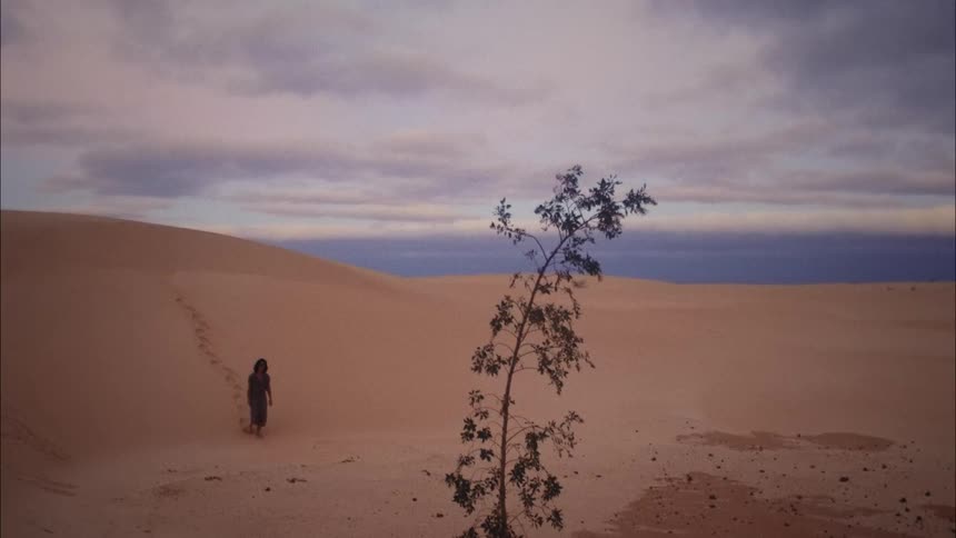 A woman walking in the desert with the ocean in the background
