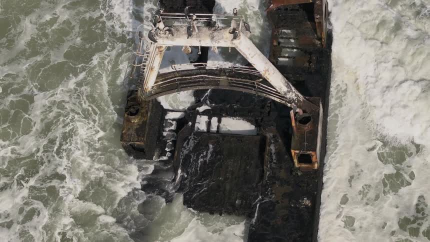 A footage of a wrecked ship on the sea