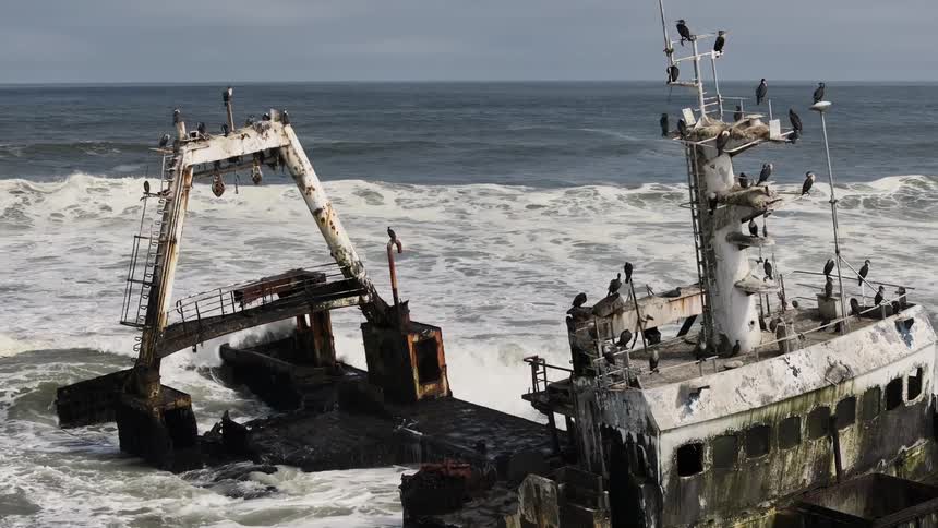 A warship stranded on the edge of a deserted beach