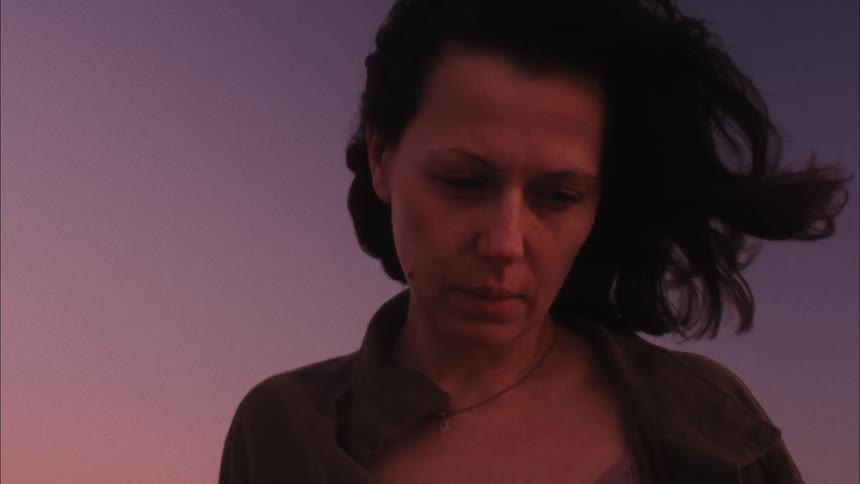 Wind blows the hair of a woman at evening