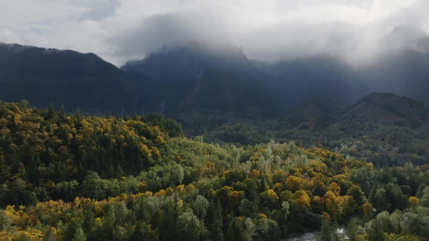 Autumnal forest with a river running through set against a backdrop of mountains with clouds over the mountains