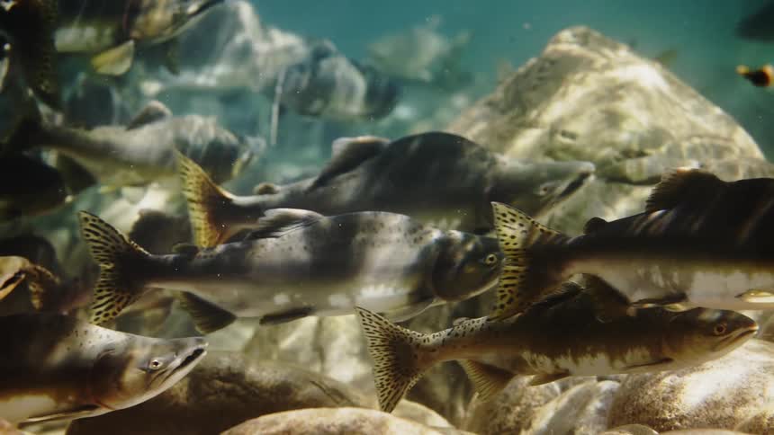 Several fish are swimming underwater and close to rocks at the bottom