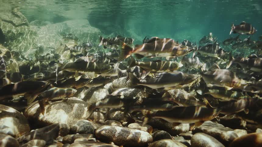 Shoal of fish swimming on a river