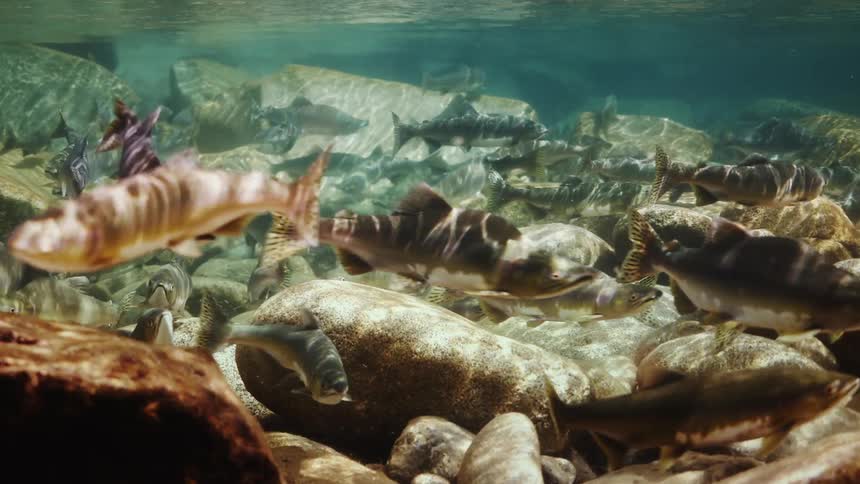A large group of fish swim near the stones