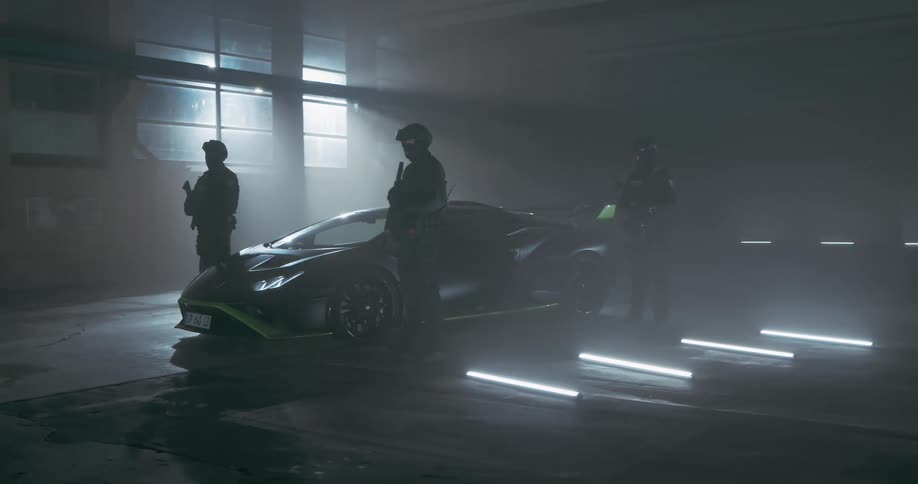 Security officers protecting a luxury car in the garage