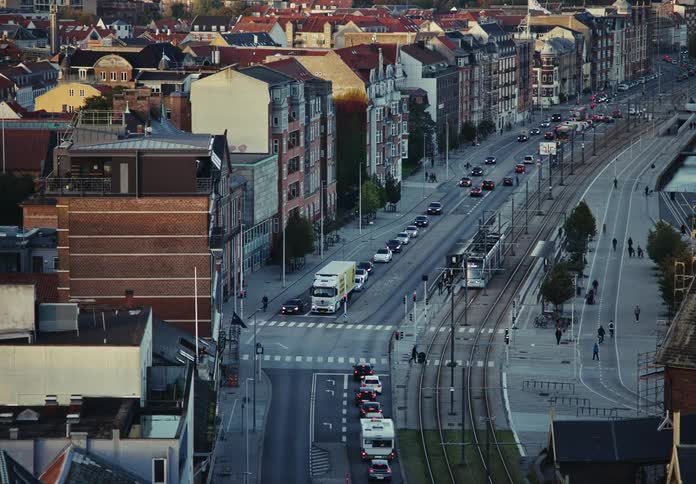 Aerial of a residential neighborhood with busy street