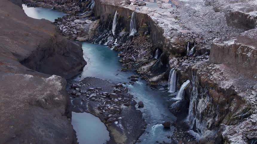 Aerial panorama of waterfalls with cascades and rivers