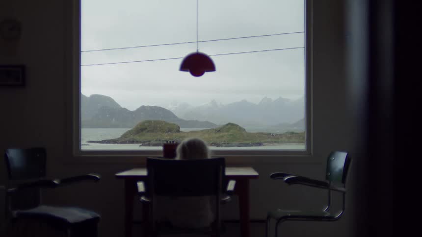 A child sitting at a desk with a northern island scene out the window with big mountains in the distance