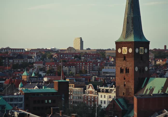 Skyline of a neighborhood with brick buildings