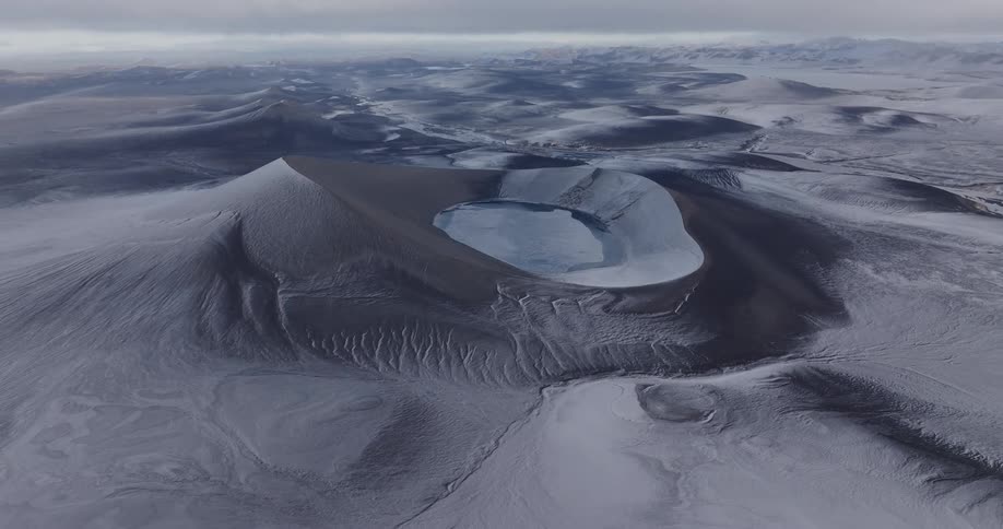 Aerial view of a lake in a crater