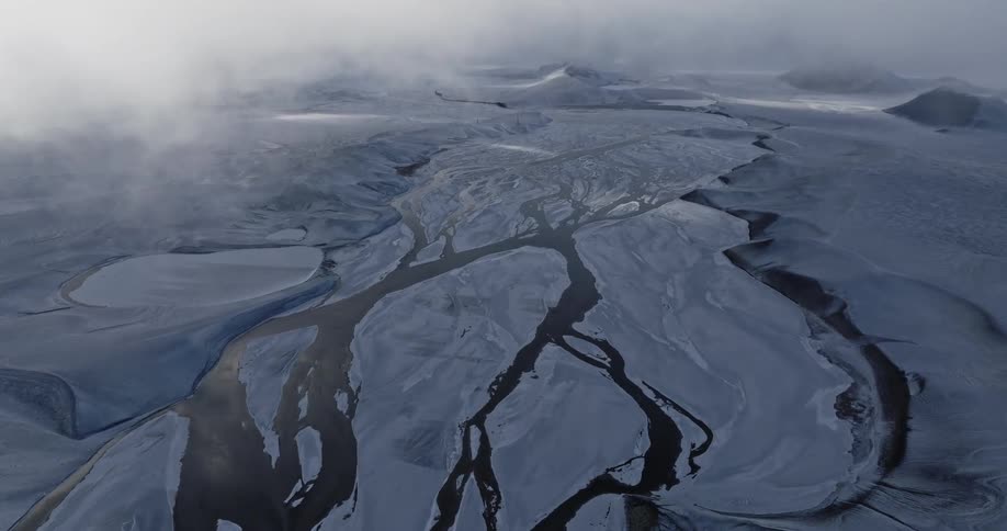 Aerial view of a frozen river