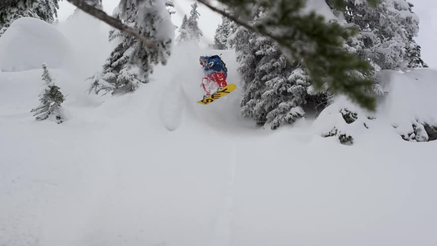 A man snowboards through powder and trees