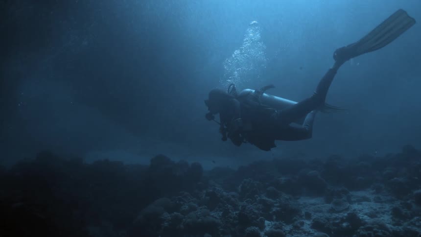 Person diving into the depths of the ocean near the corals with professional equipment fins and an oxygen tank