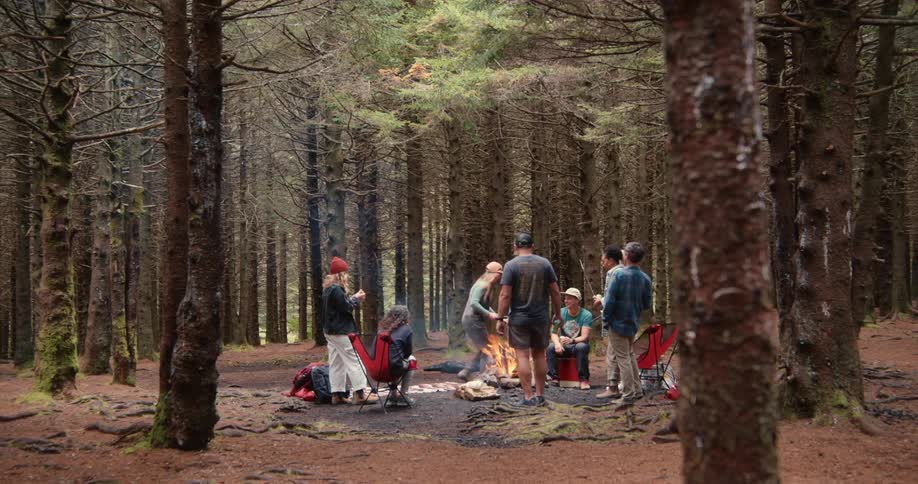 Group of friends camping in the forest roasting marshmallows over a campfire and having fun