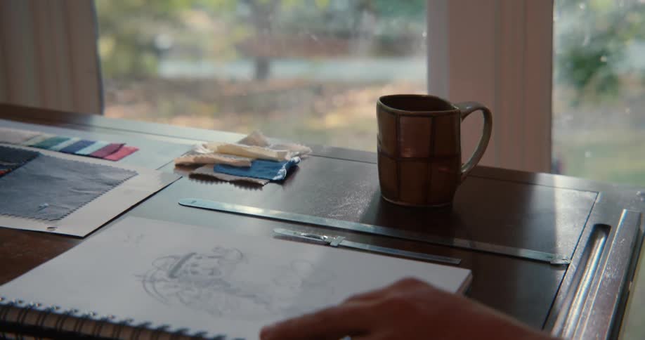 A person drawing in a notebook on the table