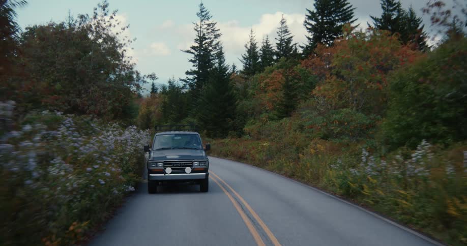 A pickup truck driving along a deserted road in the middle of the forest