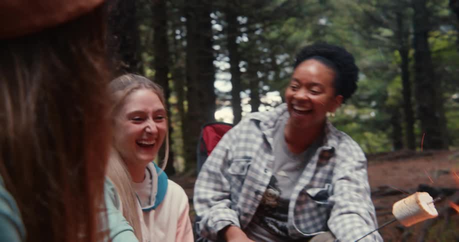 Group of friends sitting around a campfire preparing marshmallows chatting and laughing