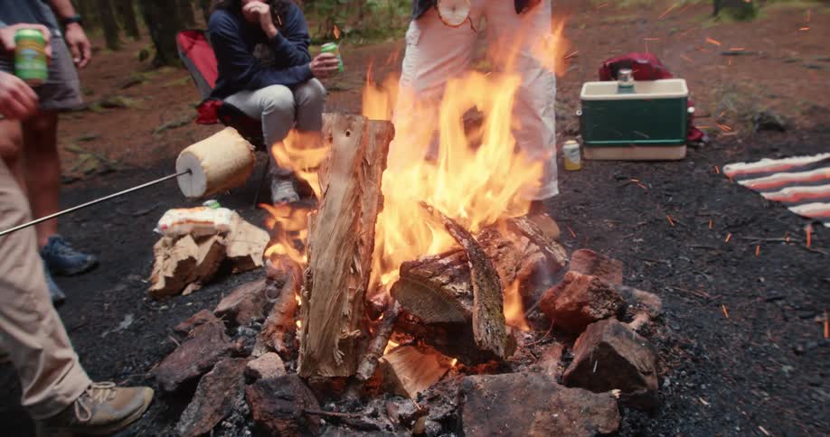 A group of people around a campfire adding wood to the fire and roasting marshmallows