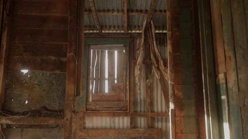 The interior of a wooden shack