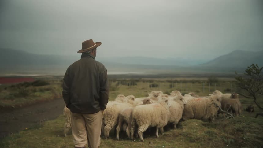 A flock of sheep grazing in the field as a man watches