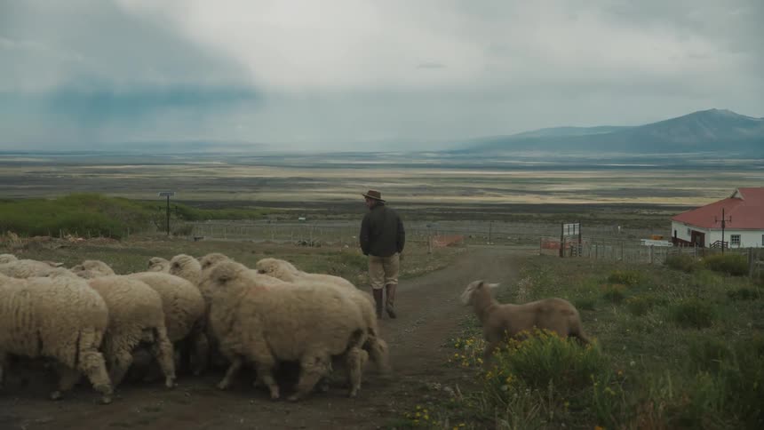 In the countryside a herd of sheep and dogs follows the shepherd portraying a pastoral scene of rural life and traditional animal husbandry