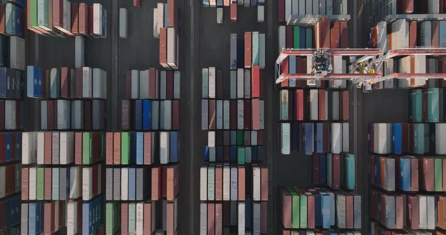 An aerial view of cargo containers in the port