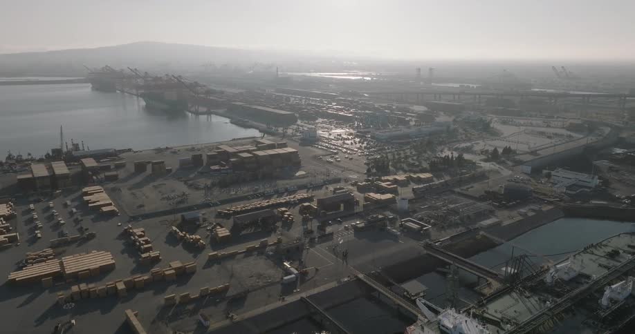 Skyline of the port area with ships docked in the port