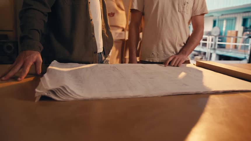 Two men are looking over blueprints