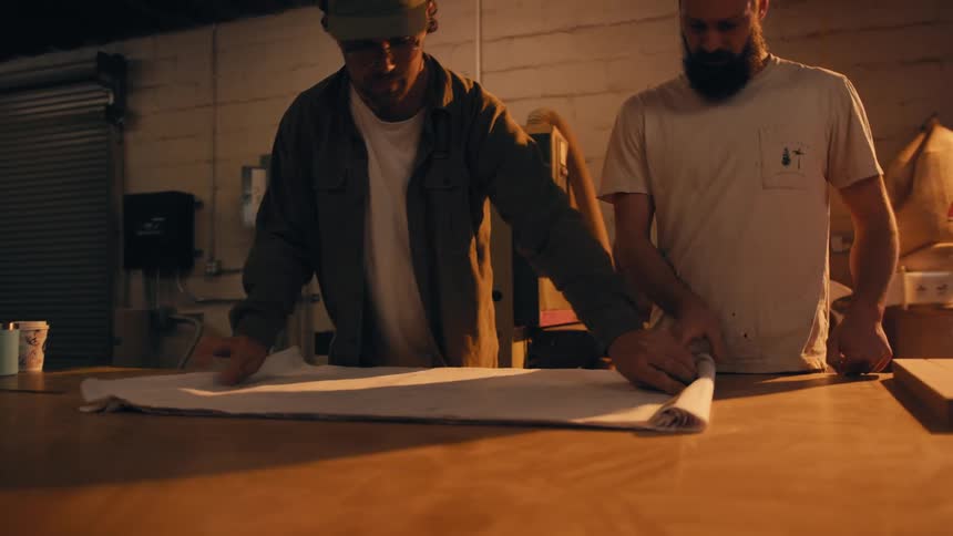 Two men looking at the white paper plan laid on the table inside a workshop