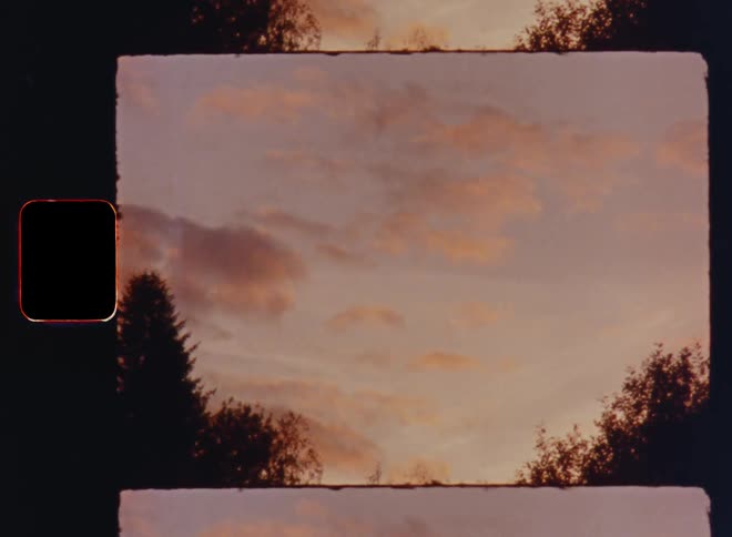 The silhouette of tree tops of a forest in front of a wonderful and beautiful evening sky during sunset with blue tones and orange glowing clouds on old film footage