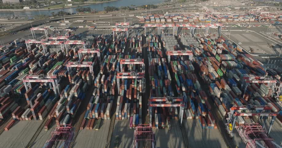 Aerial panorama of a logistics center with containers