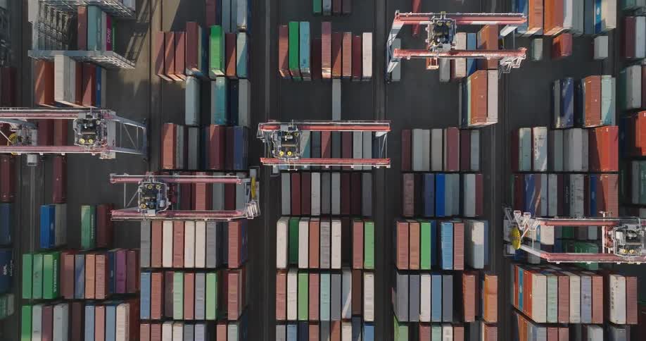 Shipping yard with rows of shipping containers being sorted and moved by machines by rolling machines in a shipping yard