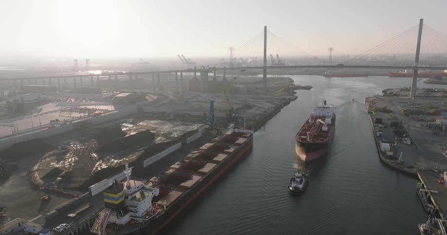Skyline of ships moored in the citys port area