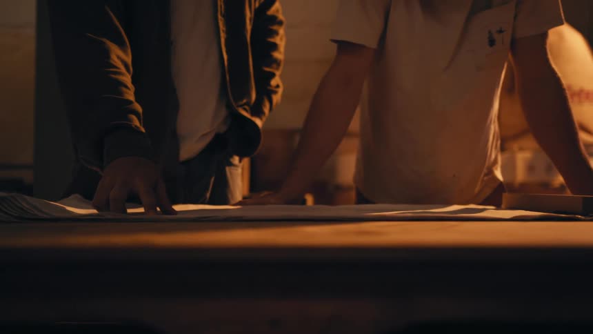 Closeup of a table with two people examining a chart