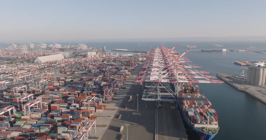Aerial of the port with containers of imported products