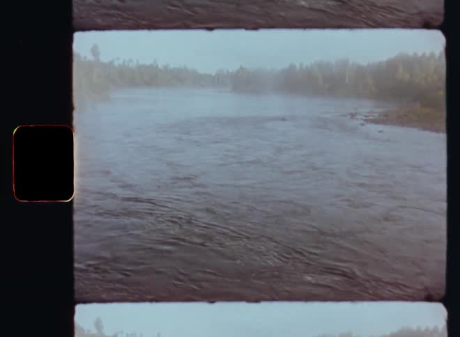 Aerial of choppy river in cloudy forest during daytime