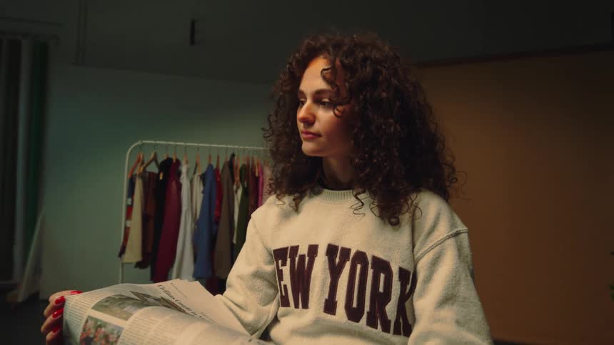 Female model holding newspaper sits in room with rack of clothes