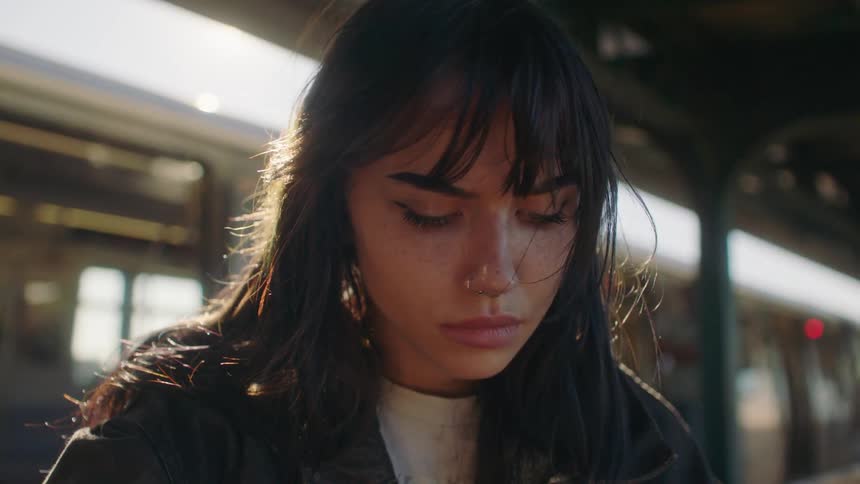 A girl sitting in front of a subway train car looks down sadly thinking