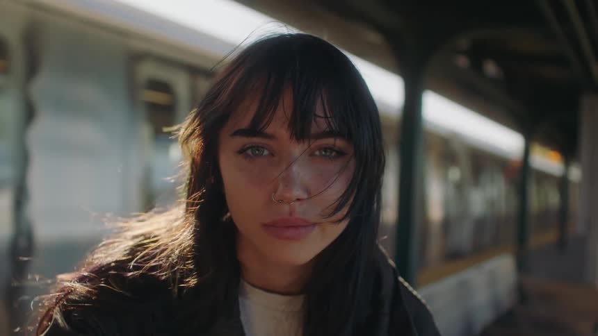 In a closeup shot a womans face on the subway platform is captured as she takes off