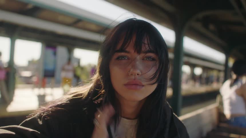 Portrait of a young woman running her hands through her hair with a train passing in the background